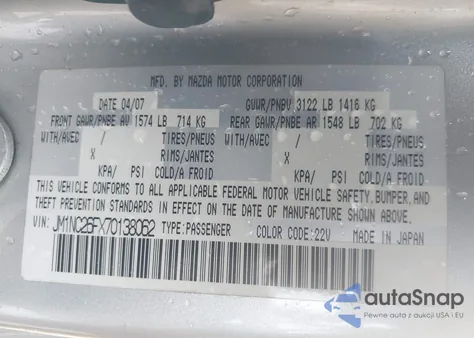2007 Mazda Mx-5 Grand Touring z USA, uszkodzony, nr VIN JM1NC26FX70138062